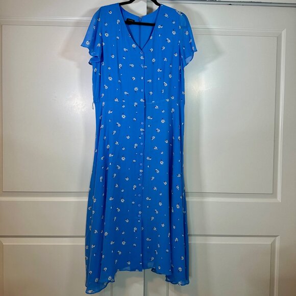 Blue Chiffon Scattered Floral Button Front Midi Dress 16 - Picture 4 of 15